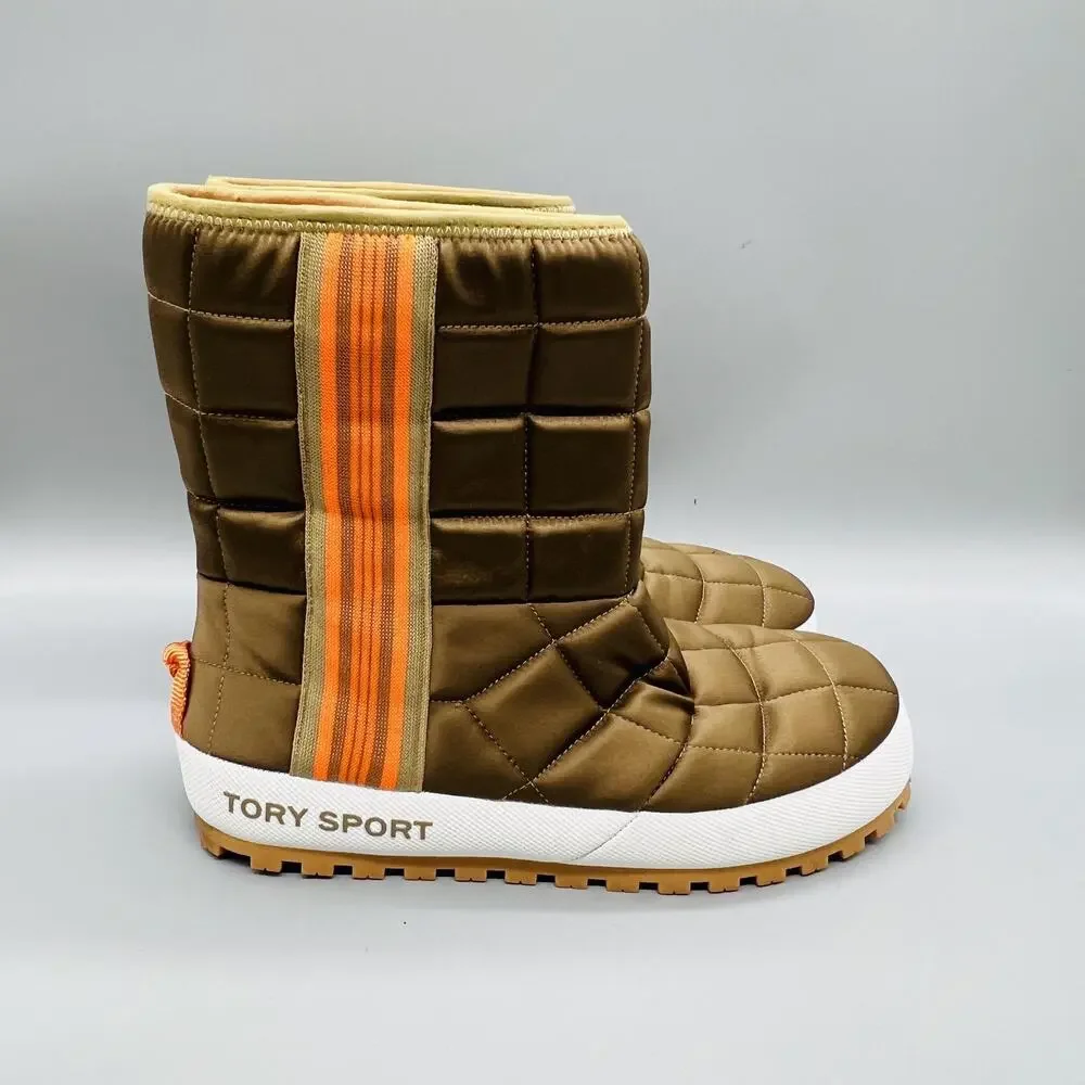 Tory Sport Boots Women 7 Brown Quilted Puffer Mid Calf Pull On Winter Snow Shoes
